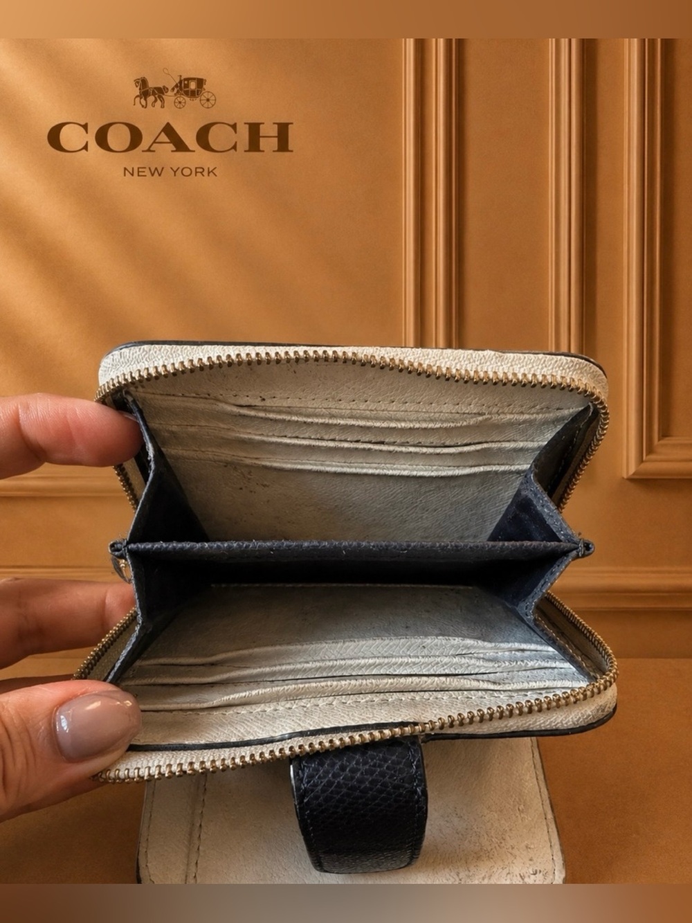 Coach Small Zip Around Wallet Colorblock Chalk Navy Leather ID Card Case - Picture 3 of 6